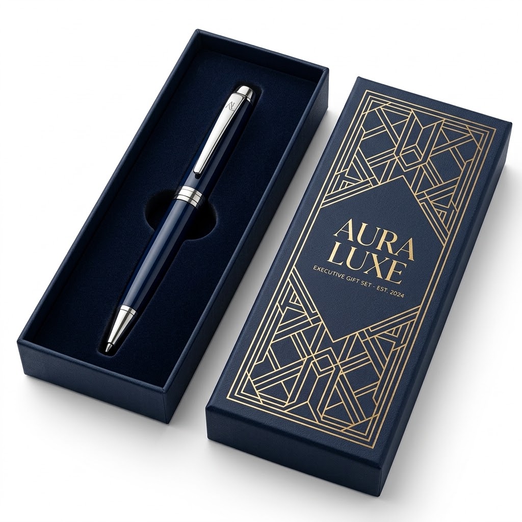 Blue luxury pen gift box with silver pen